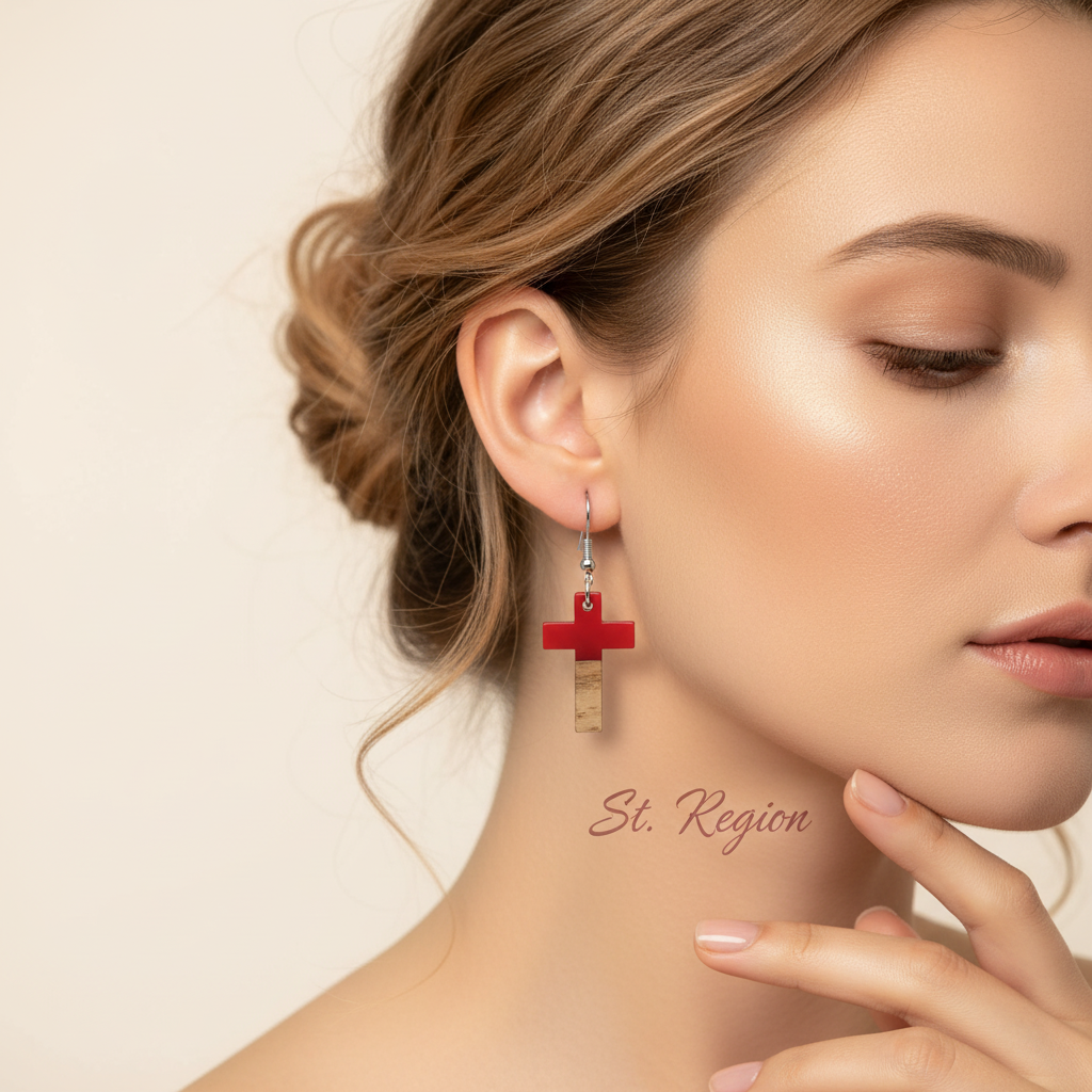 Red Resin & Wood Silvertone Cross Hook Earrings