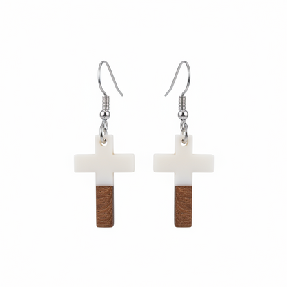 White Resin & Wood Silvertone Cross Hook Earrings