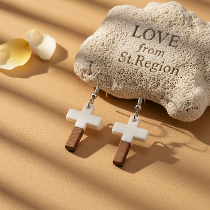 White Resin & Wood Silvertone Cross Hook Earrings