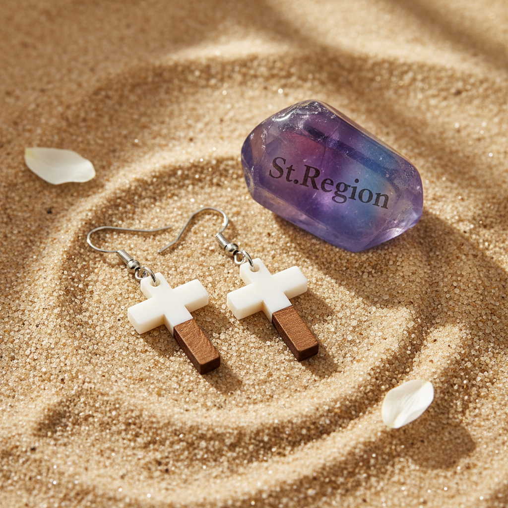 White Resin & Wood Silvertone Cross Hook Earrings