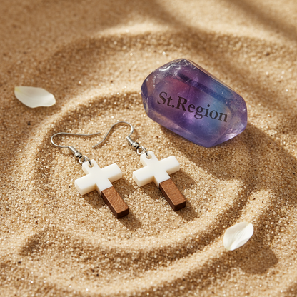 White Resin & Wood Silvertone Cross Hook Earrings