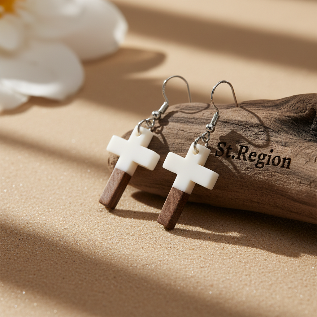 White Resin & Wood Silvertone Cross Hook Earrings