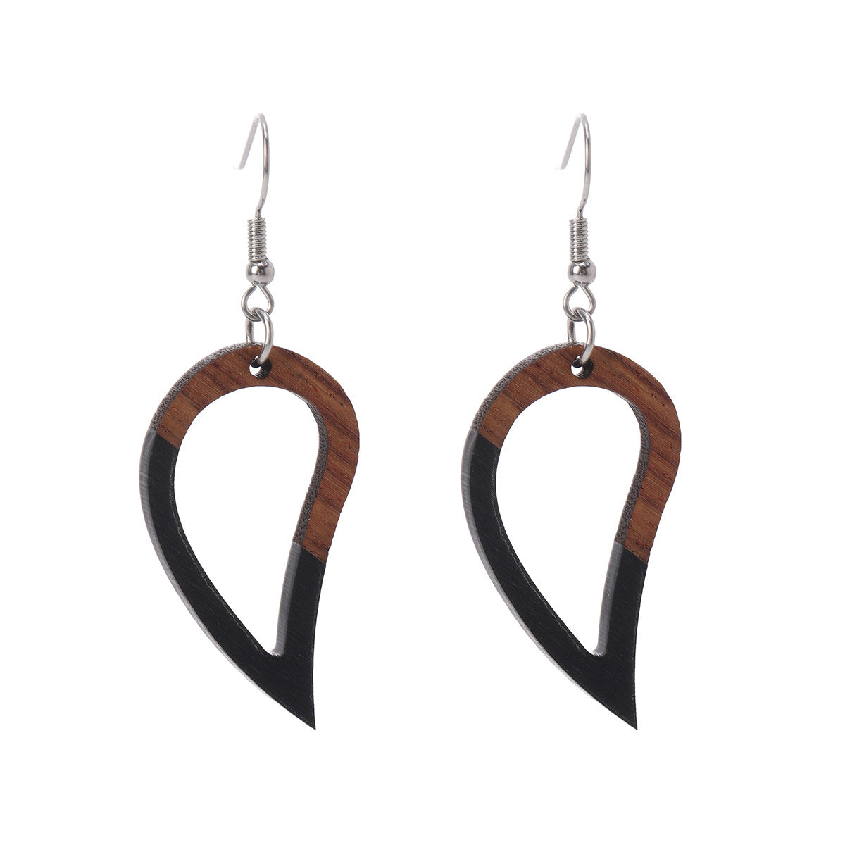 Black Resin & Wood Silvertone Upside-Down Drop Hook Earrings