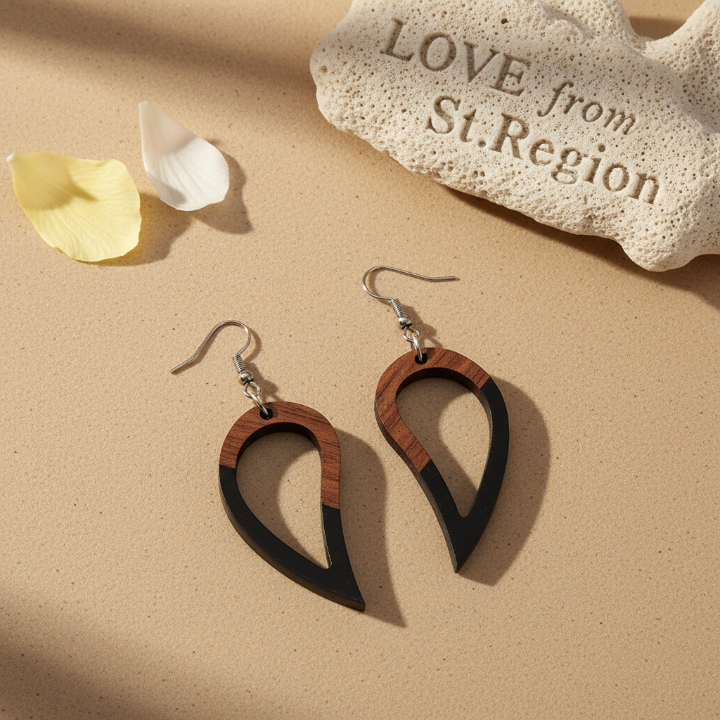Black Resin & Wood Silvertone Upside-Down Drop Hook Earrings