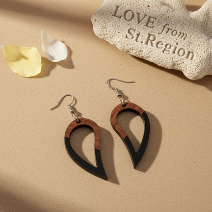 Black Resin & Wood Silvertone Upside-Down Drop Hook Earrings