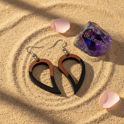 Black Resin & Wood Silvertone Upside-Down Drop Hook Earrings