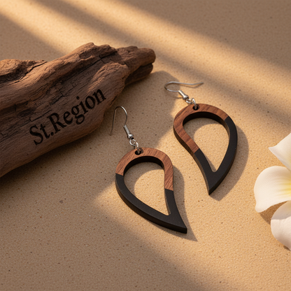 Black Resin & Wood Silvertone Upside-Down Drop Hook Earrings
