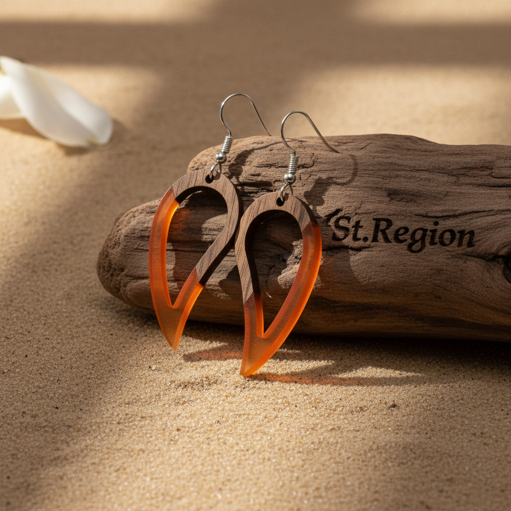 Orange Resin & Wood Silvertone Upside-Down Drop Hook Earrings
