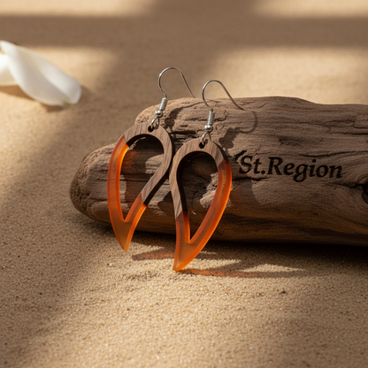 Orange Resin & Wood Silvertone Upside-Down Drop Hook Earrings