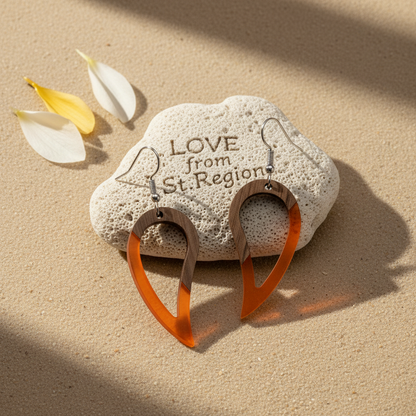 Orange Resin & Wood Silvertone Upside-Down Drop Hook Earrings