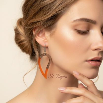 Orange Resin & Wood Silvertone Upside-Down Drop Hook Earrings