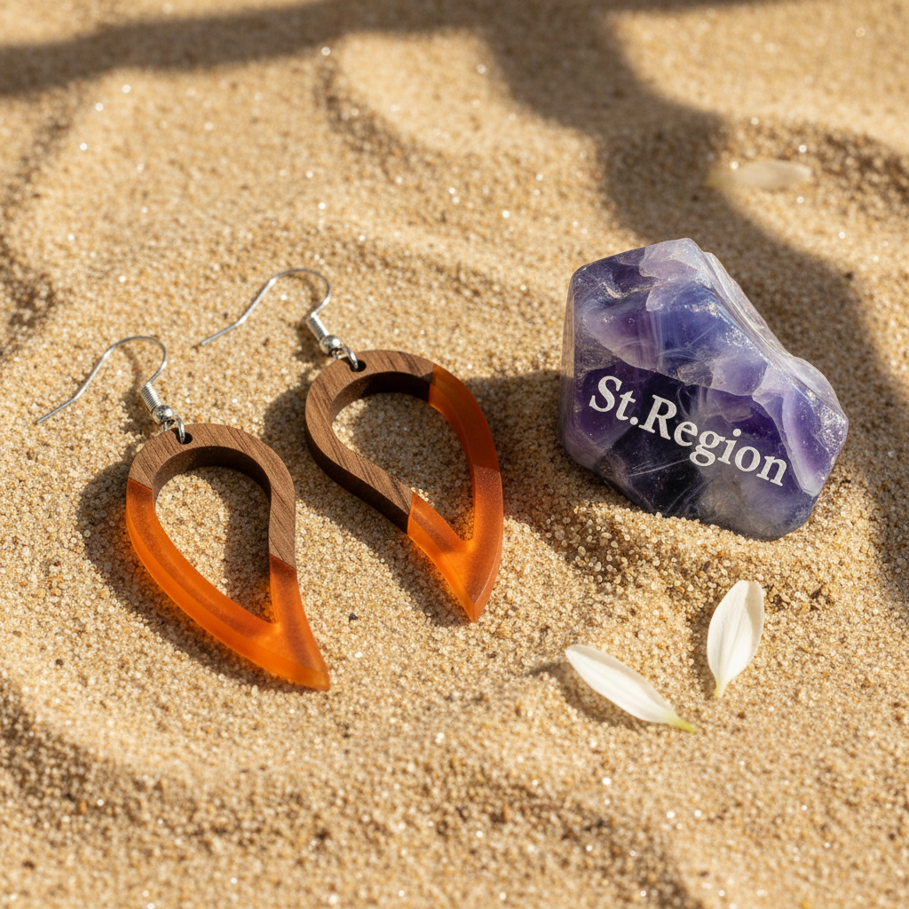 Orange Resin & Wood Silvertone Upside-Down Drop Hook Earrings