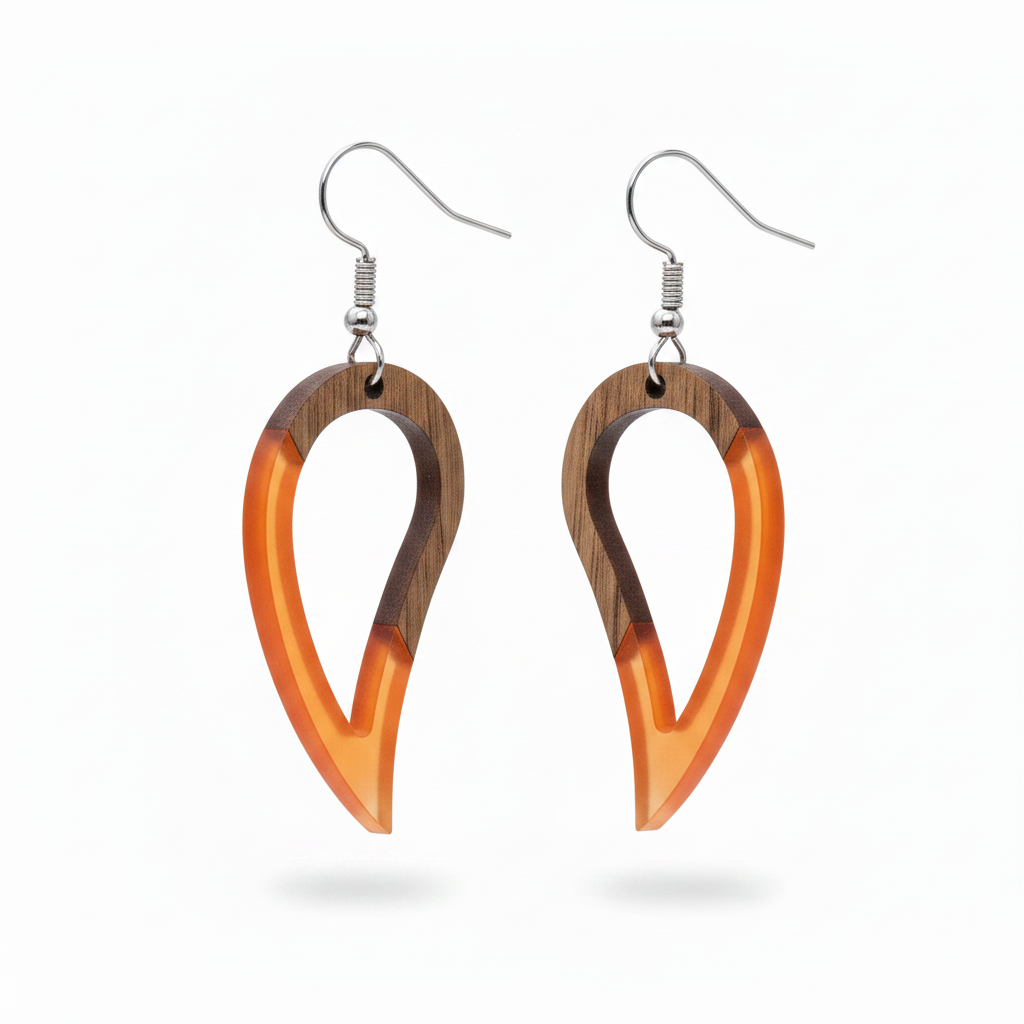 Orange Resin & Wood Silvertone Upside-Down Drop Hook Earrings