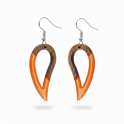 Orange Resin & Wood Silvertone Upside-Down Drop Hook Earrings