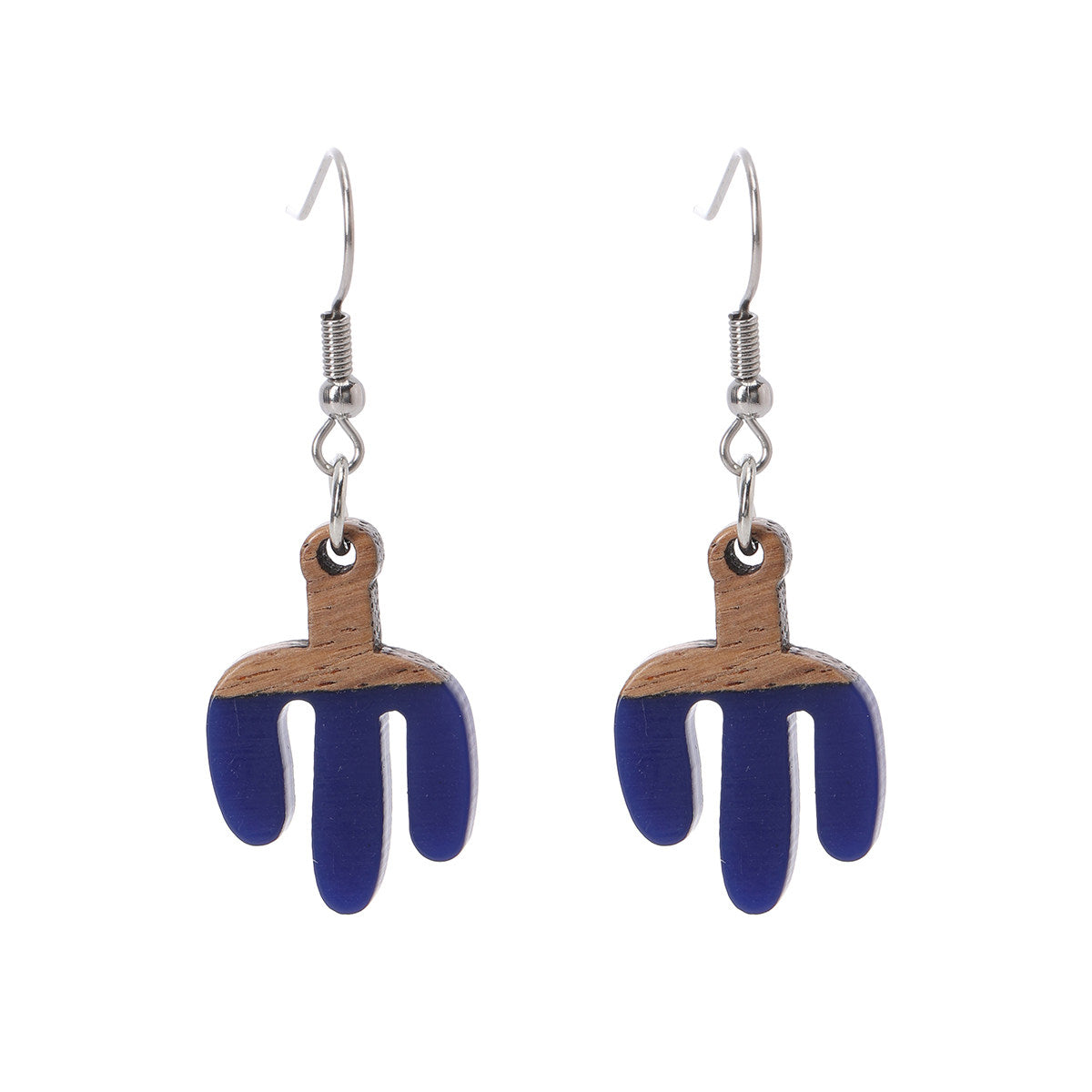 Blue Resin & Wood Silvertone Cactus Hook Earrings