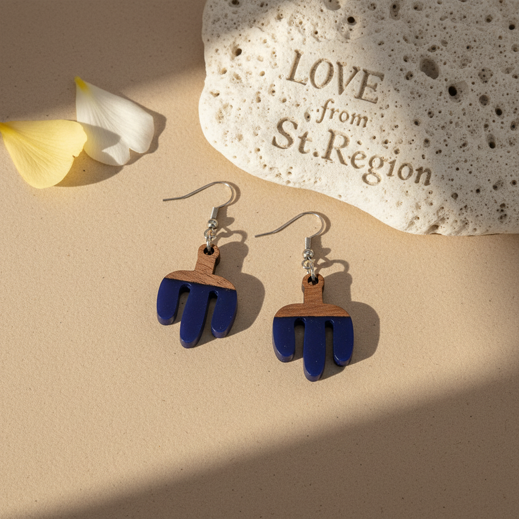 Blue Resin & Wood Silvertone Cactus Hook Earrings