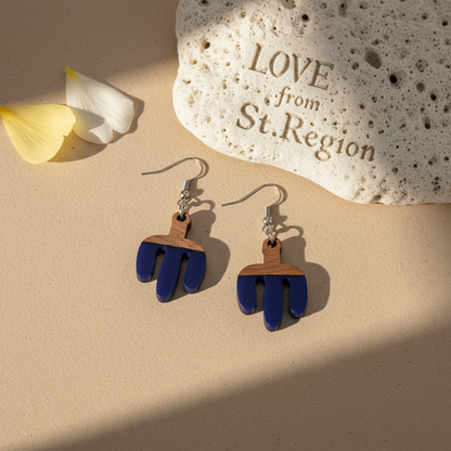 Blue Resin & Wood Silvertone Cactus Hook Earrings