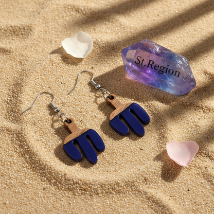 Blue Resin & Wood Silvertone Cactus Hook Earrings