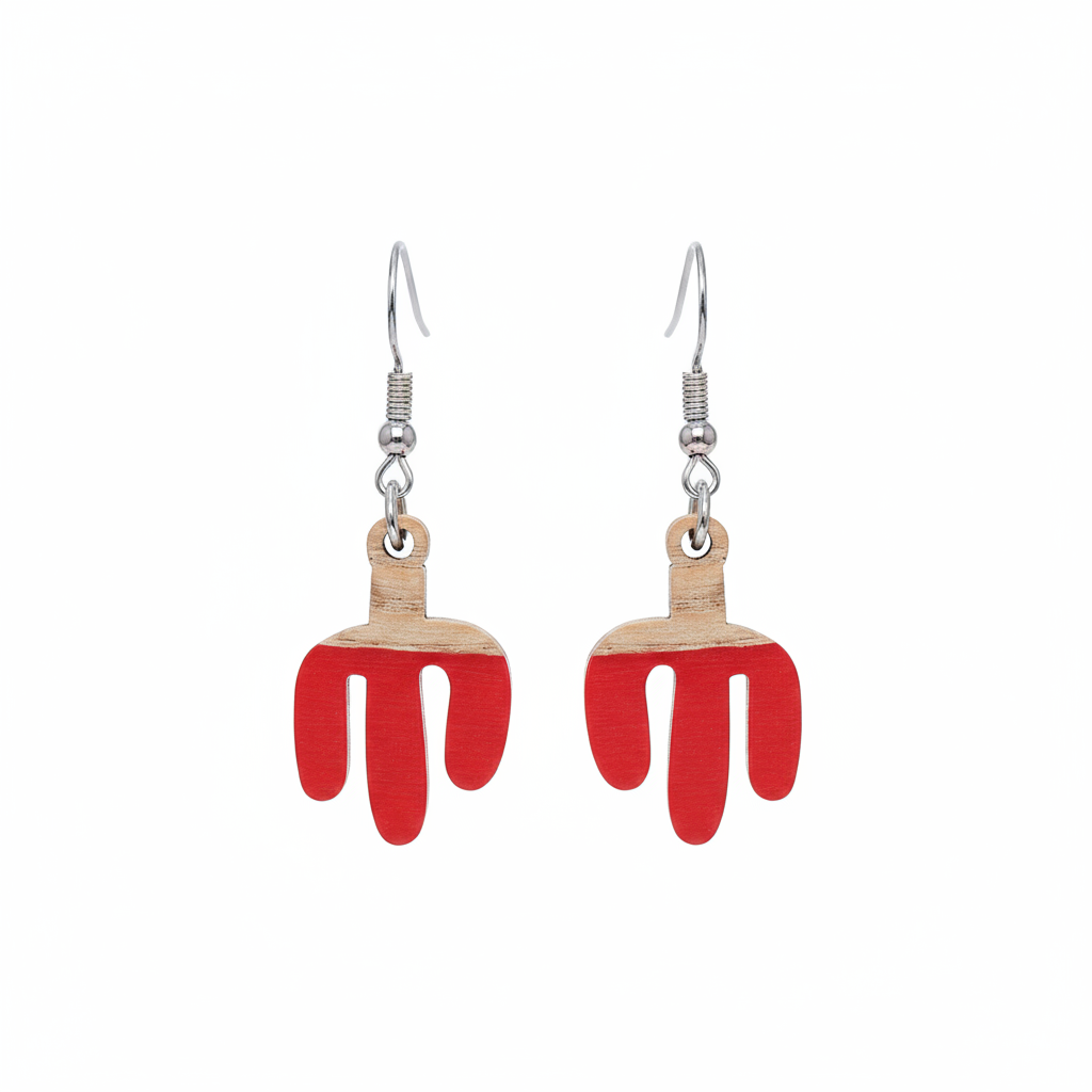 Red Resin & Wood Silvertone Cactus Hook Earrings