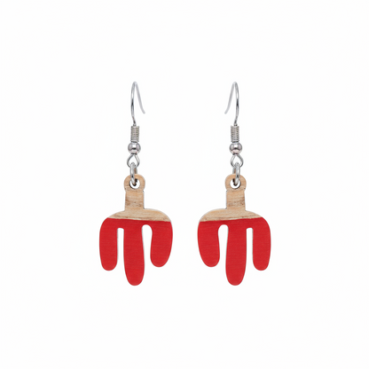 Red Resin & Wood Silvertone Cactus Hook Earrings