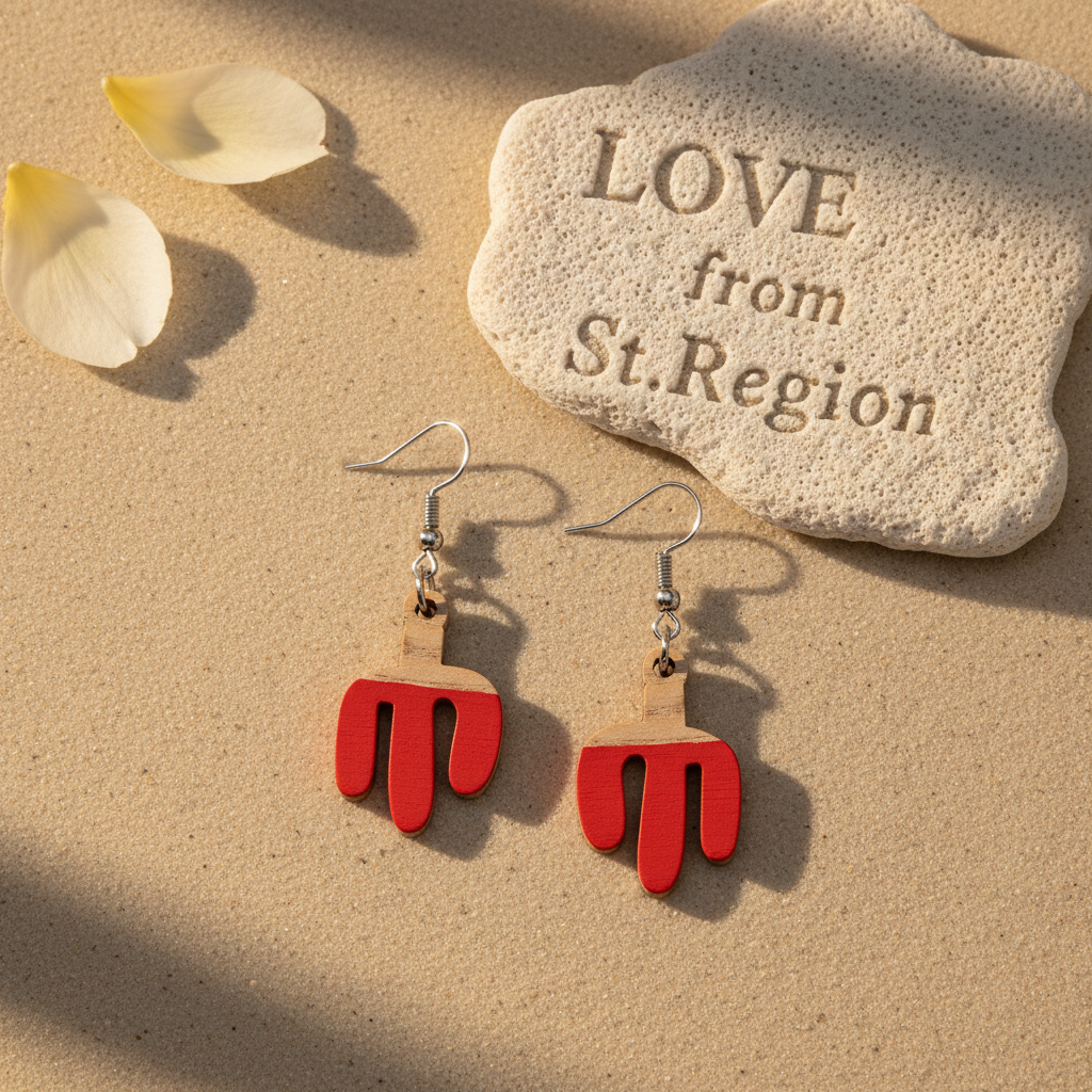 Red Resin & Wood Silvertone Cactus Hook Earrings
