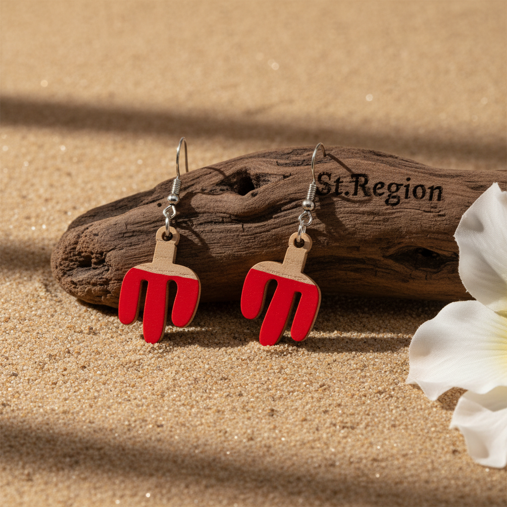 Red Resin & Wood Silvertone Cactus Hook Earrings