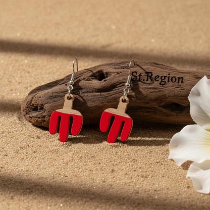 Red Resin & Wood Silvertone Cactus Hook Earrings