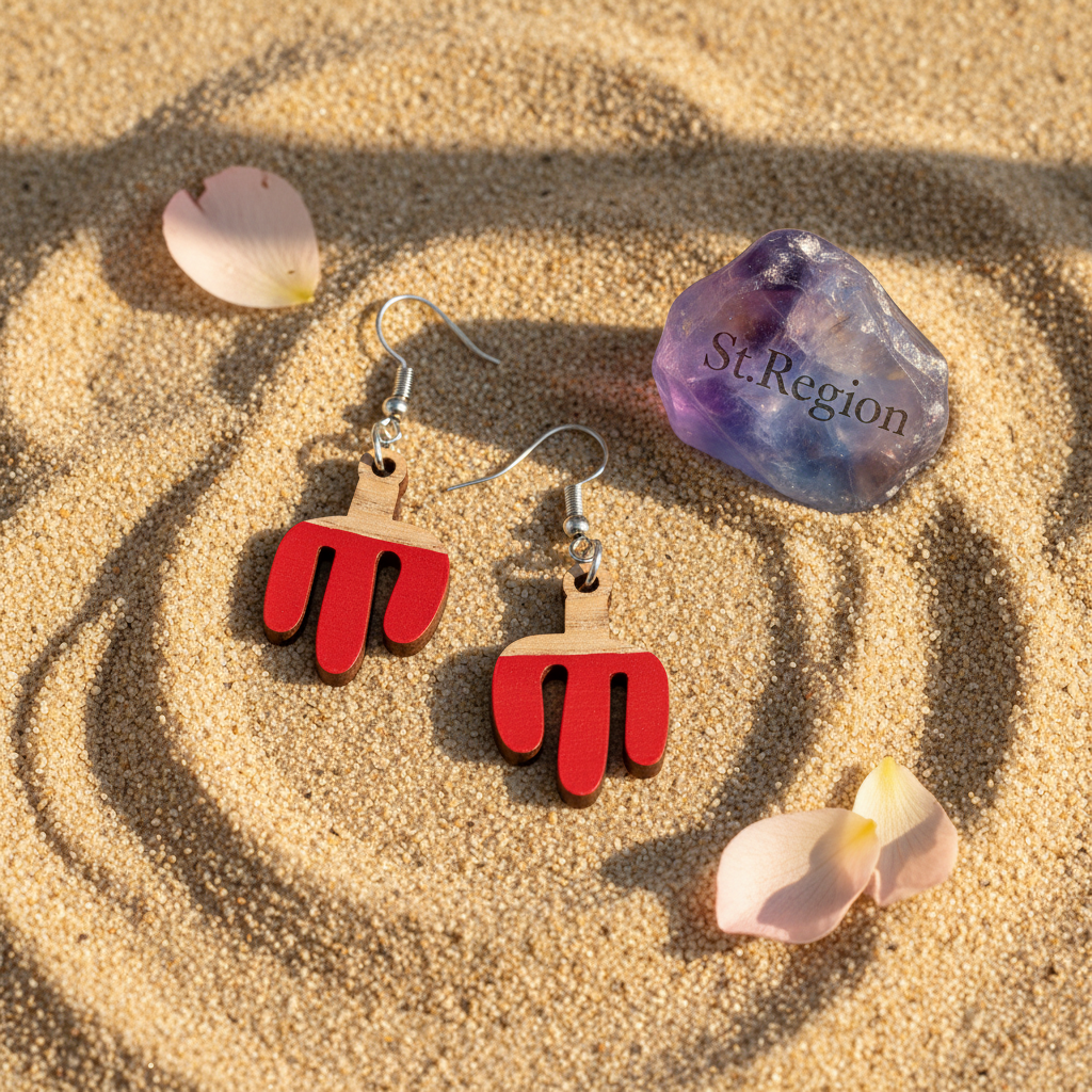 Red Resin & Wood Silvertone Cactus Hook Earrings