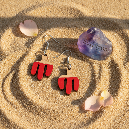Red Resin & Wood Silvertone Cactus Hook Earrings