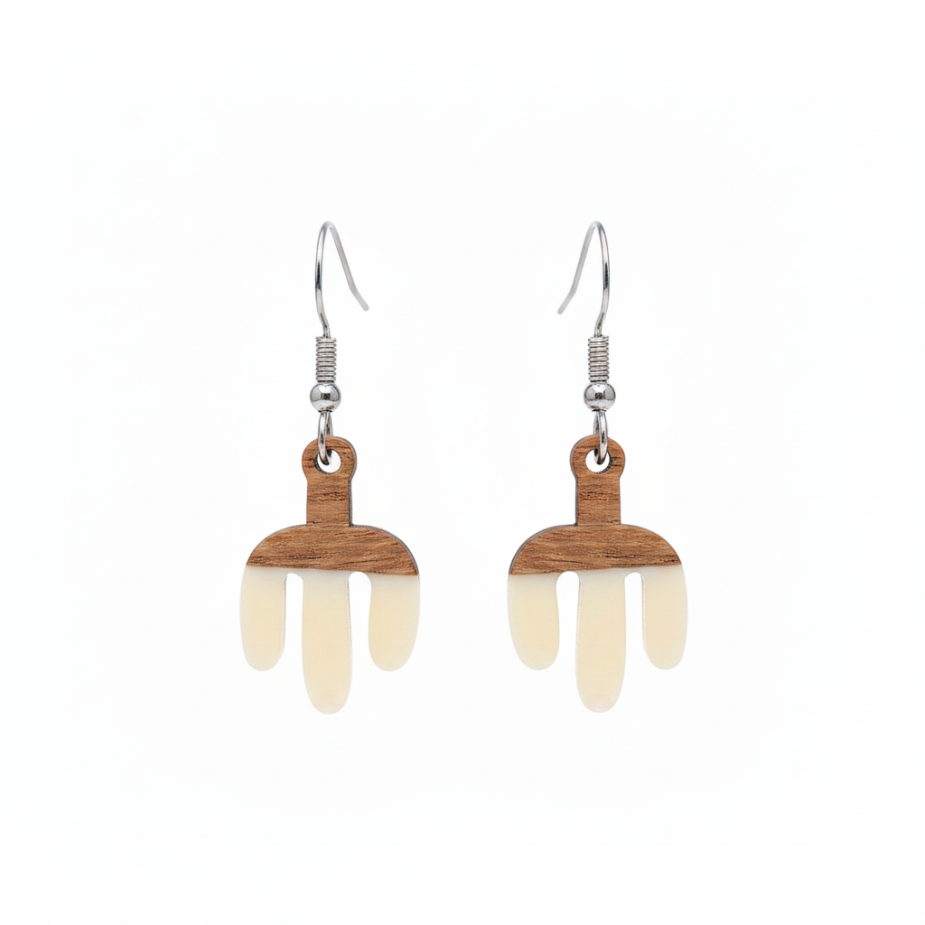 White Resin & Wood Silvertone Cactus Hook Earrings