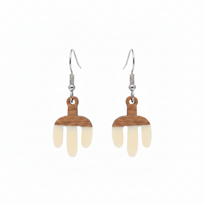 White Resin & Wood Silvertone Cactus Hook Earrings