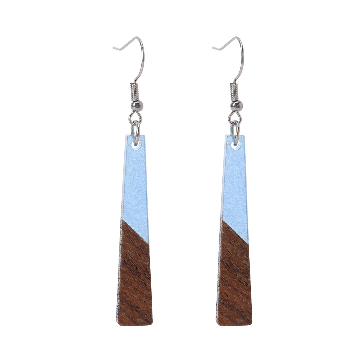Blue Resin & Wood Silvertone Elongated Trapezoid Hook Earrings