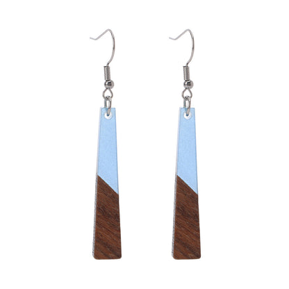 Blue Resin & Wood Silvertone Elongated Trapezoid Hook Earrings