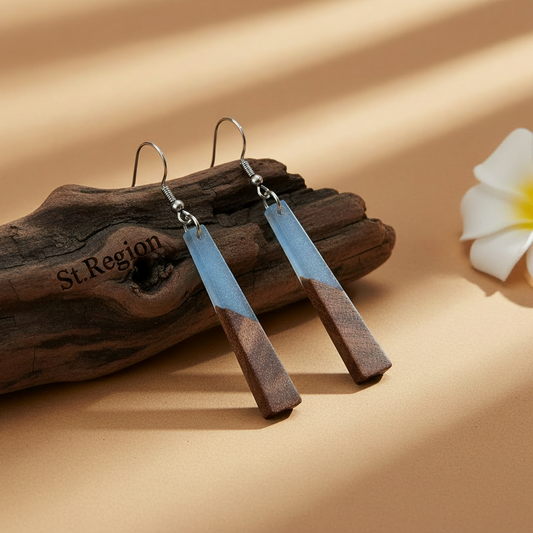 Blue Resin & Wood Silvertone Elongated Trapezoid Hook Earrings