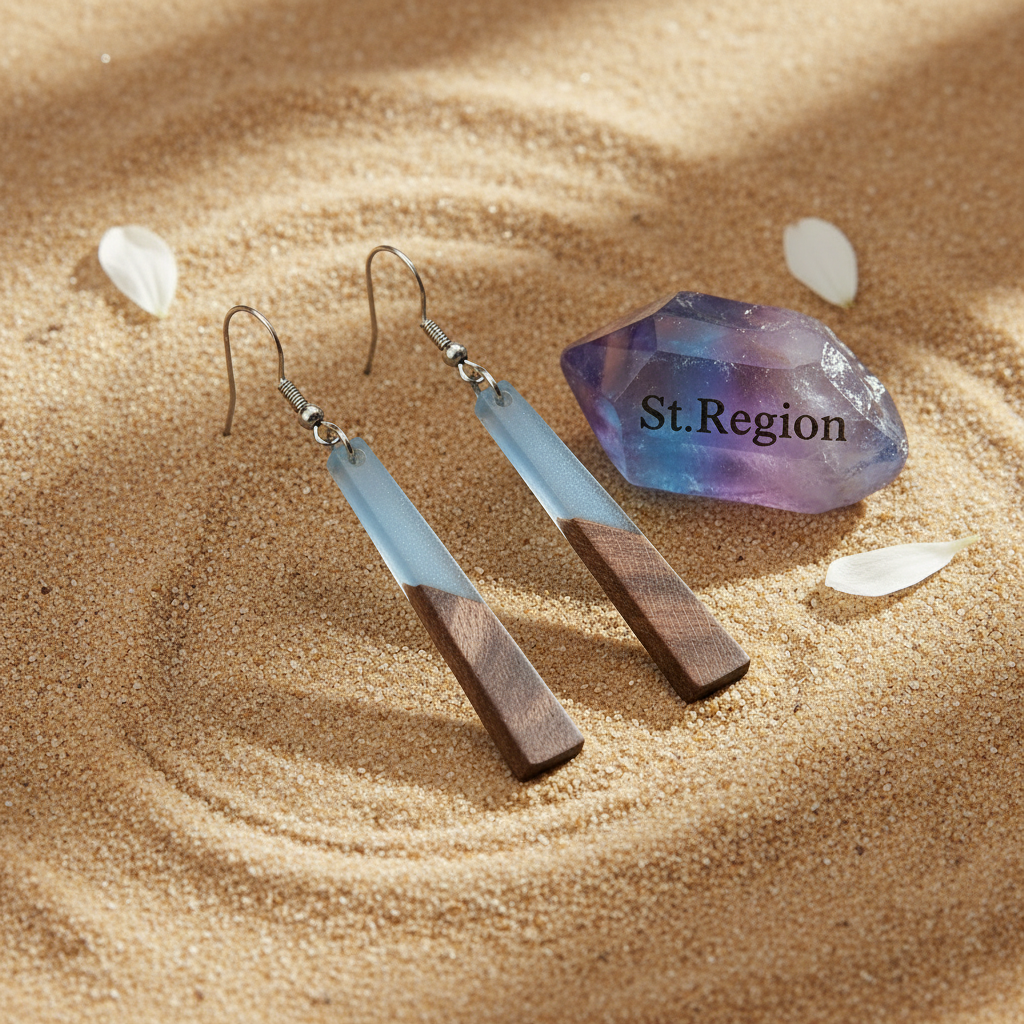 Blue Resin & Wood Silvertone Elongated Trapezoid Hook Earrings