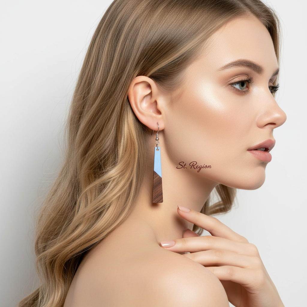 Blue Resin & Wood Silvertone Elongated Trapezoid Hook Earrings