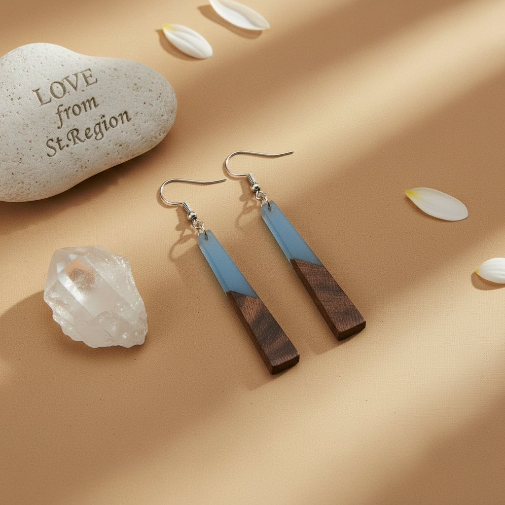 Blue Resin & Wood Silvertone Elongated Trapezoid Hook Earrings