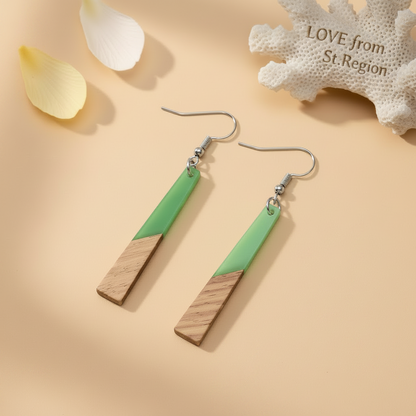 Green Resin & Wood Silvertone Elongated Trapezoid Hook Earrings