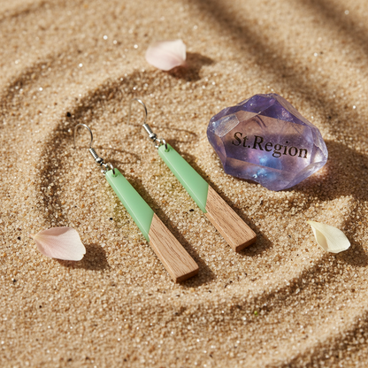 Green Resin & Wood Silvertone Elongated Trapezoid Hook Earrings