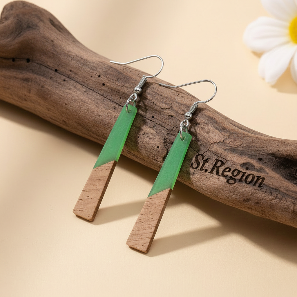 Green Resin & Wood Silvertone Elongated Trapezoid Hook Earrings