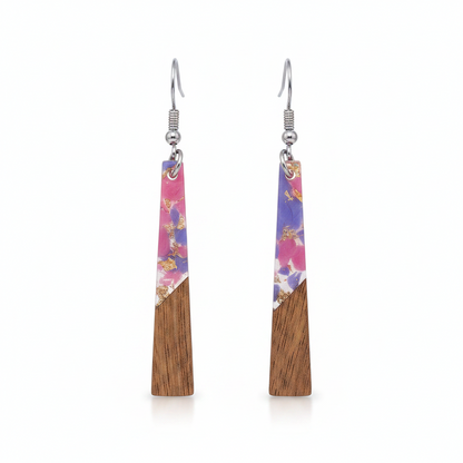 Purple Resin & Wood Silvertone Elongated Trapezoid Hook Earrings