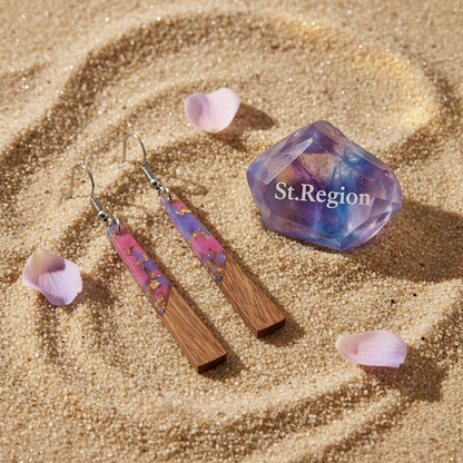 Purple Resin & Wood Silvertone Elongated Trapezoid Hook Earrings