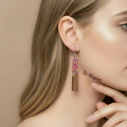 Purple Resin & Wood Silvertone Elongated Trapezoid Hook Earrings