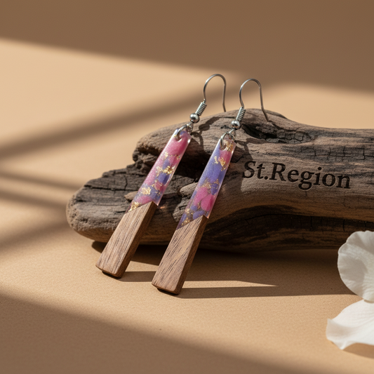 Purple Resin & Wood Silvertone Elongated Trapezoid Hook Earrings