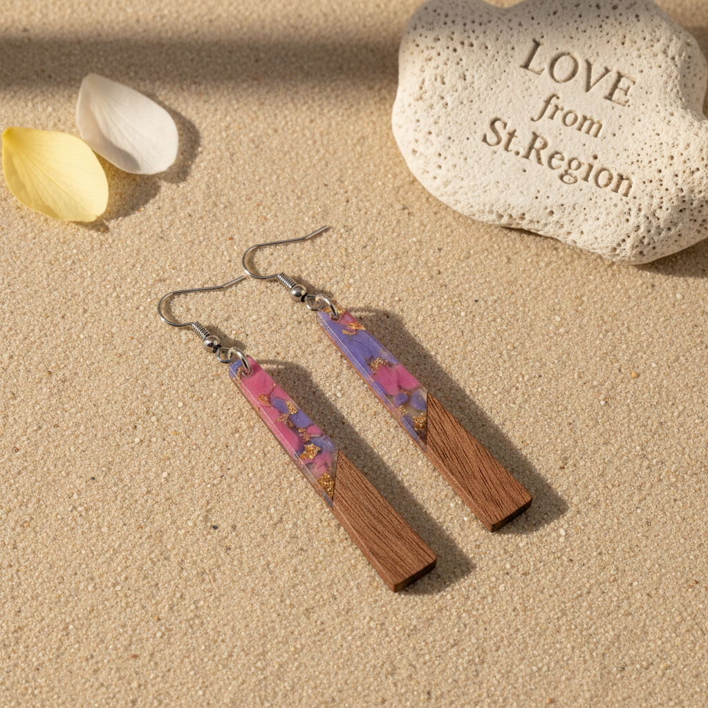Purple Resin & Wood Silvertone Elongated Trapezoid Hook Earrings