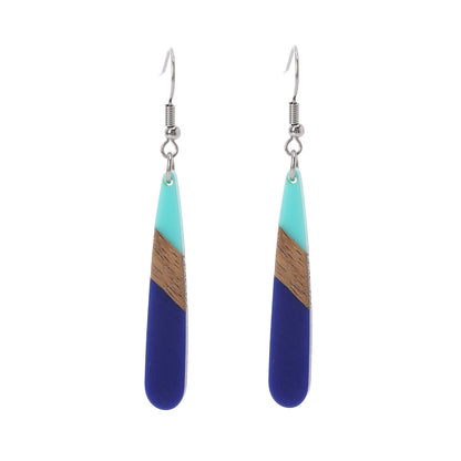 Mint Green & Navy Blue Resin Wood Silvertone Teardrop Hook Earrings