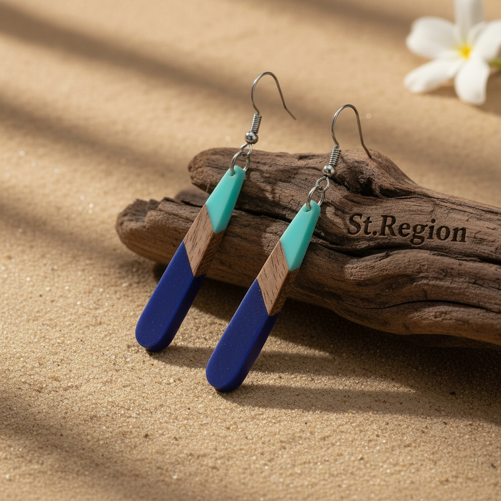 Mint Green & Navy Blue Resin Wood Silvertone Teardrop Hook Earrings