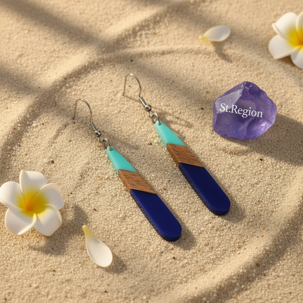 Mint Green & Navy Blue Resin Wood Silvertone Teardrop Hook Earrings