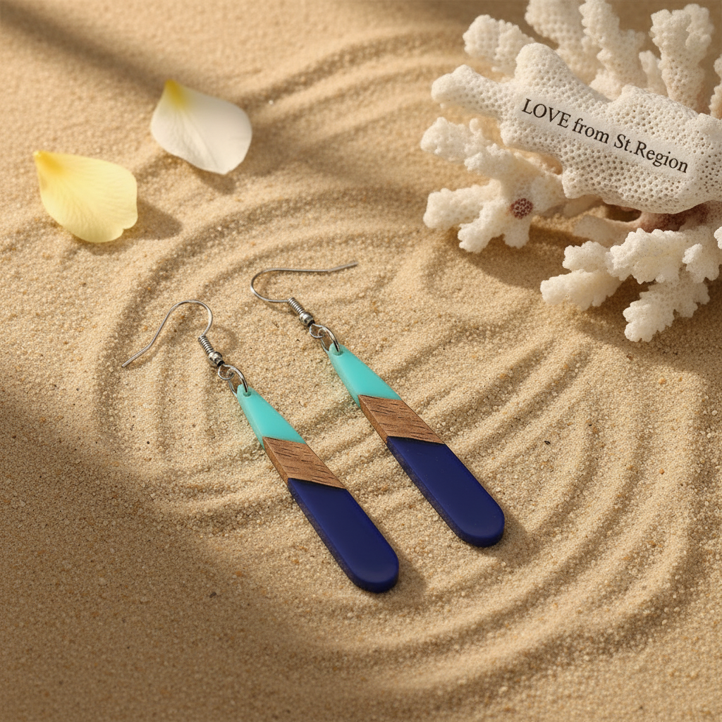 Mint Green & Navy Blue Resin Wood Silvertone Teardrop Hook Earrings