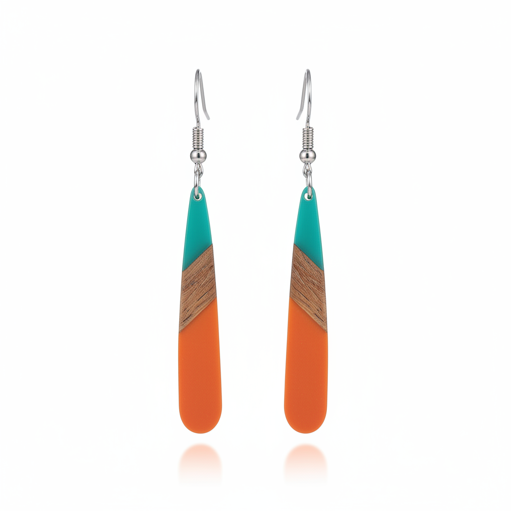 Mint Green & Orange Resin Wood Silvertone Teardrop Hook Earrings